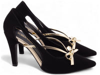 Sapato Scarpin Nobuck Preto com Laço Metalizado Ouro Light