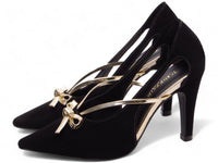 Sapato Scarpin Nobuck Preto com Laço Metalizado Ouro Light