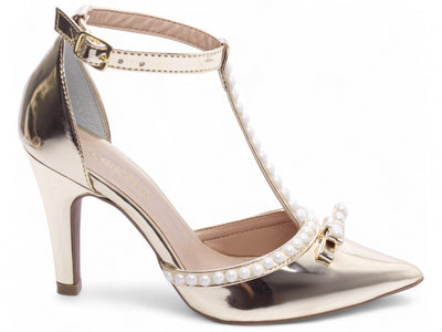 Sapato Scarpin Verniz Metalizado Specchio Ouro Light com Pérola