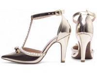 Sapato Scarpin Verniz Metalizado Specchio Ouro Light com Pérola