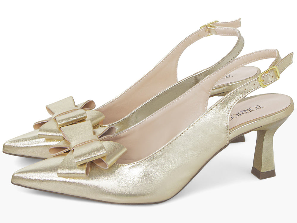Scarpin Slingback Salto Taça com Laço Dourado Metalizado