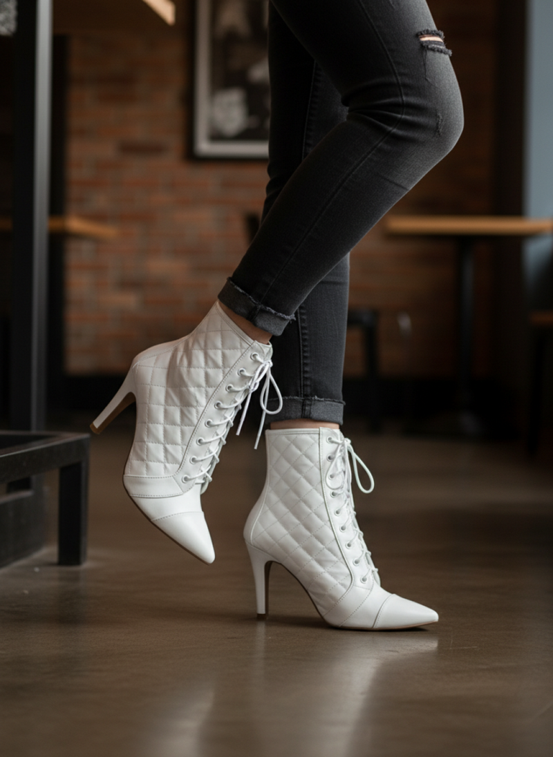 Bota Bico Fino Feminina em Napa Branco com Matelassê