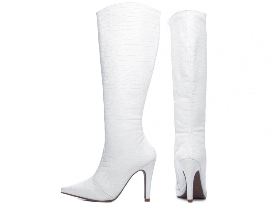 Bota Bico Fino Feminina em Napa Croco Branco com Zíper