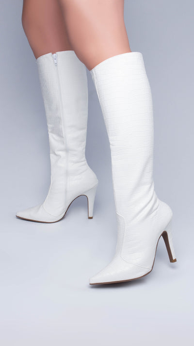 Bota Bico Fino Feminina em Napa Croco Branco com Zíper