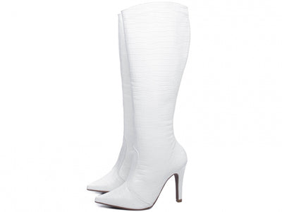 Bota Bico Fino Feminina em Napa Croco Branco com Zíper