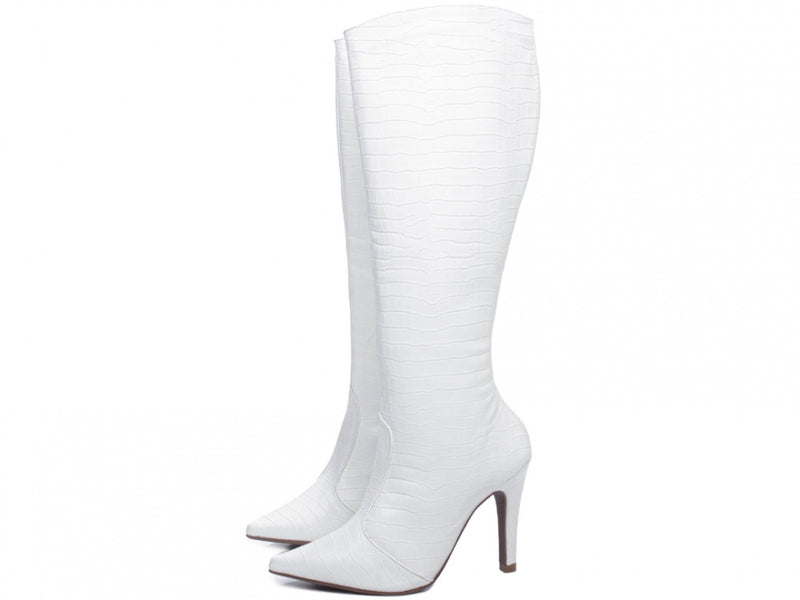 Bota Bico Fino Feminina em Napa Croco Branco com Zíper
