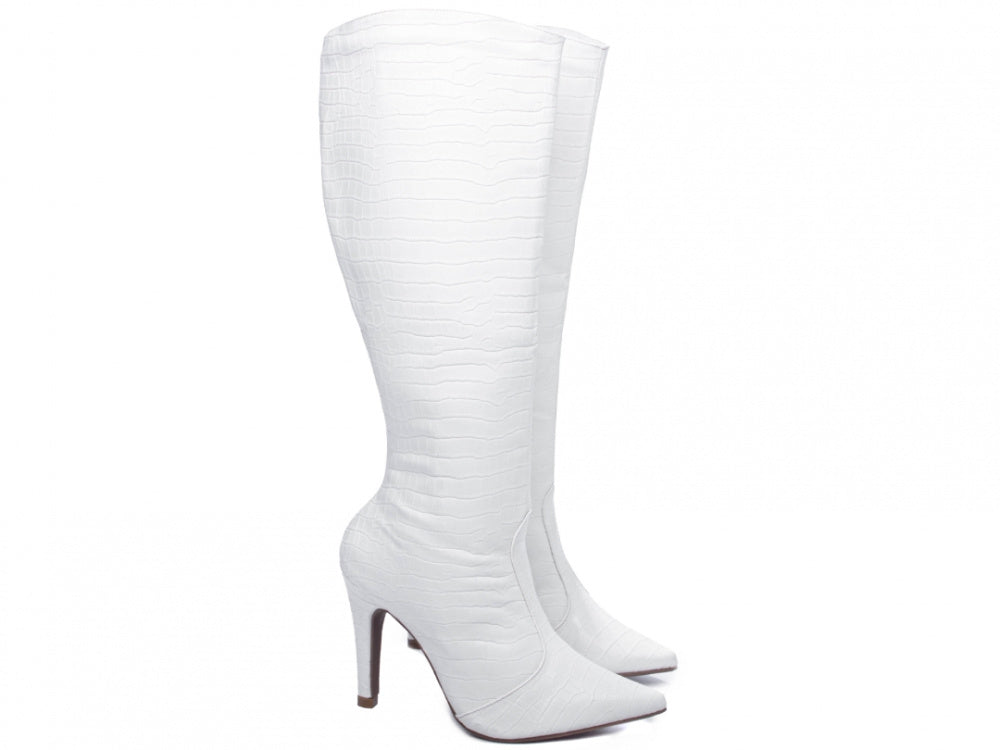 Bota Bico Fino Feminina em Napa Croco Branco com Zíper