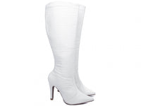 Bota Bico Fino Feminina em Napa Croco Branco com Zíper