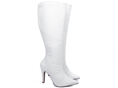 Bota Bico Fino Feminina em Napa Croco Branco com Zíper