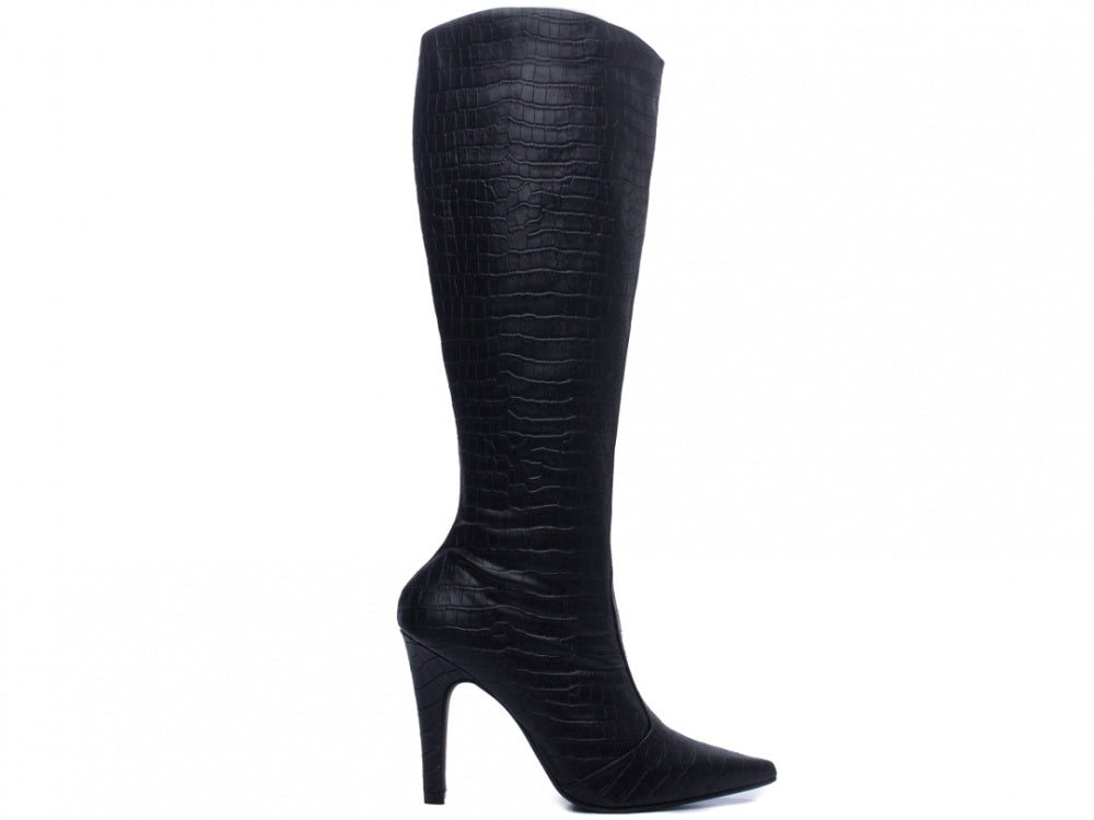 Bota Bico Fino Feminina Preta em Napa Croco com Zíper