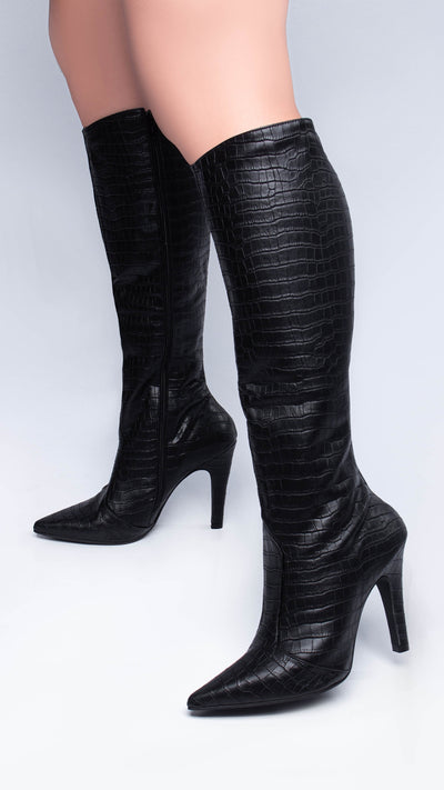 Bota Bico Fino Feminina Preta em Napa Croco com Zíper