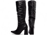 Bota Franzida Feminina de Napa Preto com Salto Alto