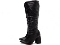 Bota Franzida Feminina de Napa Preto com Salto Alto