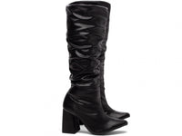 Bota Franzida Feminina de Napa Preto com Salto Alto