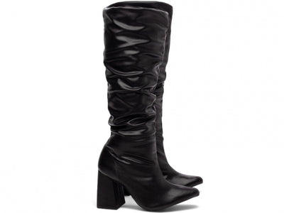 Bota Franzida Feminina de Napa Preto com Salto Alto