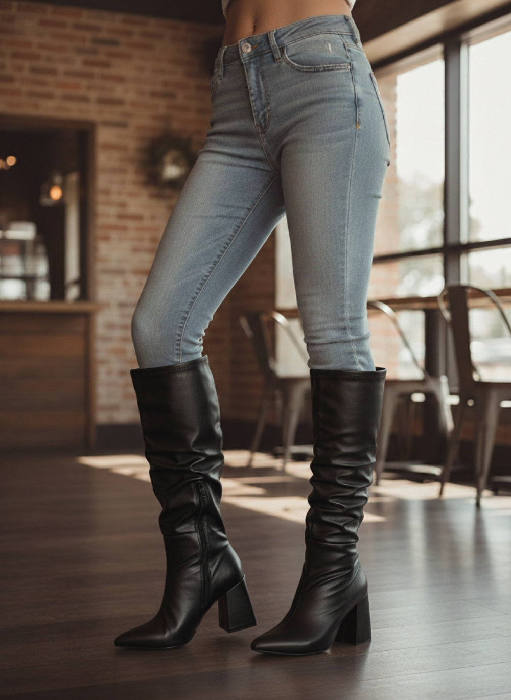 Bota Franzida Feminina de Napa Preto com Salto Alto