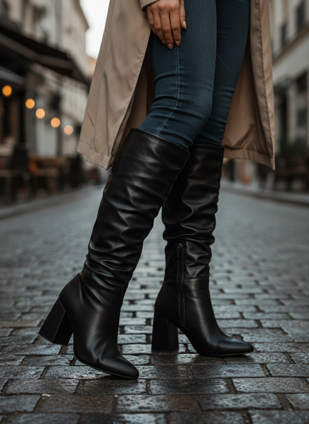 Bota Franzida Feminina de Napa Preto com Salto Alto