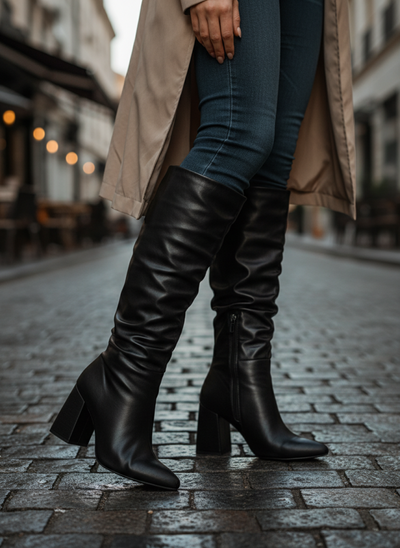 Bota Franzida Feminina de Napa Preto com Salto Alto
