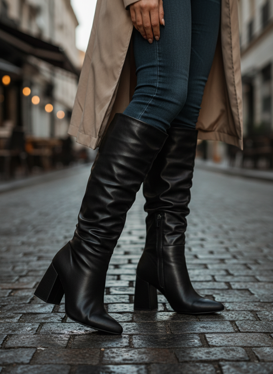 Bota Franzida Feminina de Napa Preto com Salto Alto