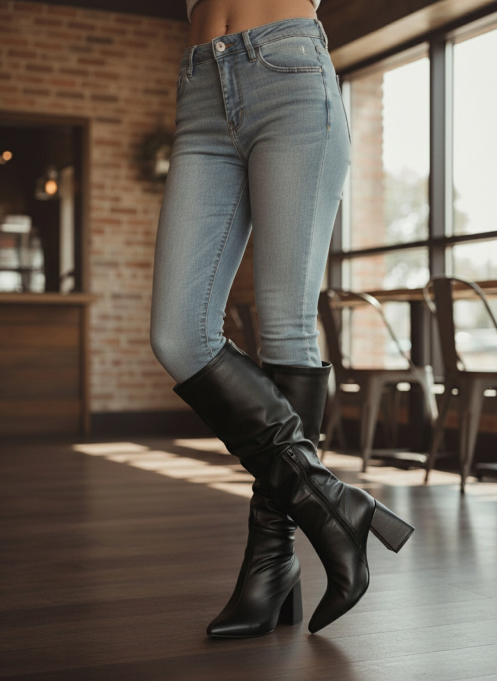 Bota Franzida Feminina de Napa Preto com Salto Alto