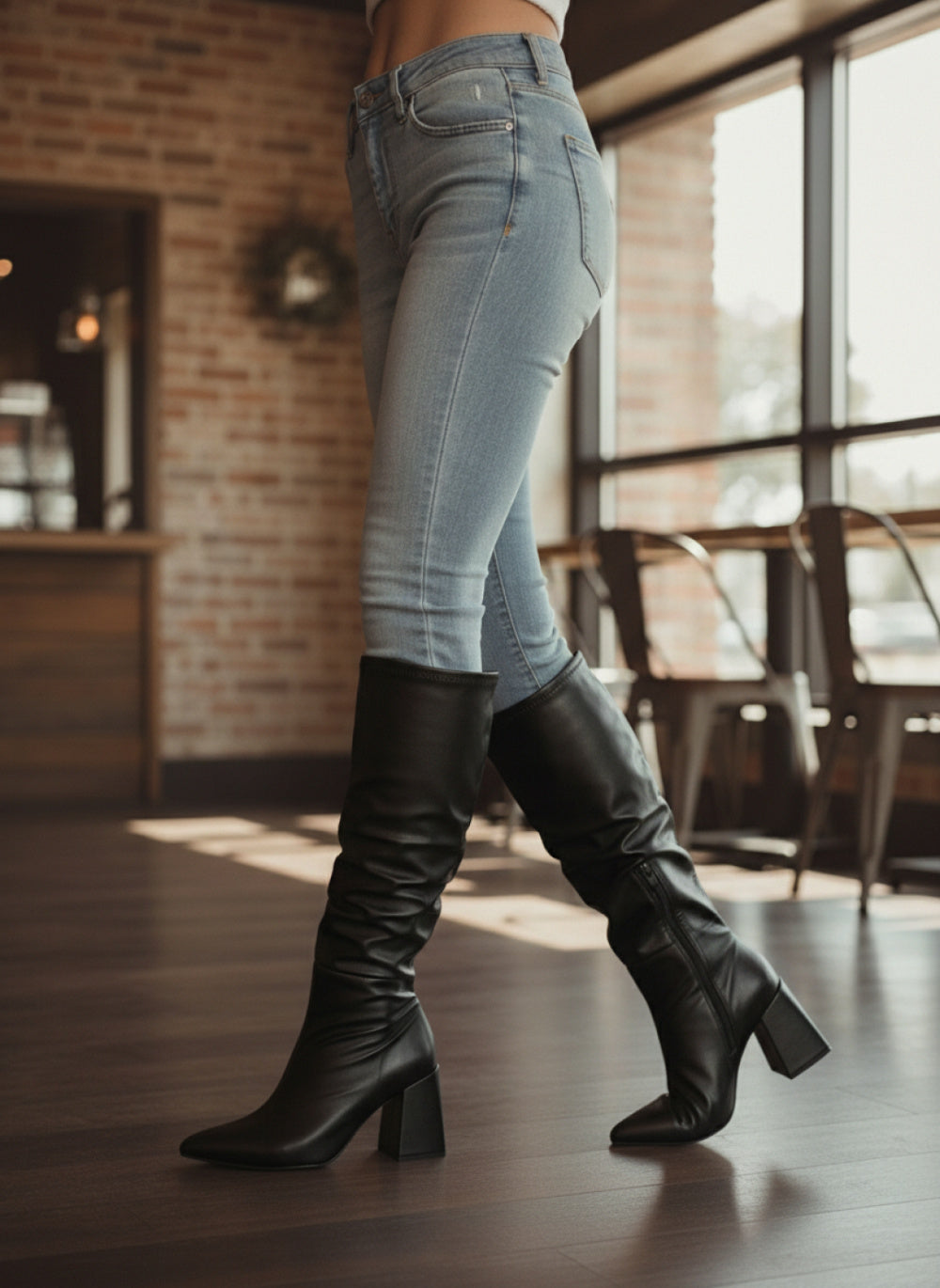 Bota Franzida Feminina de Napa Preto com Salto Alto