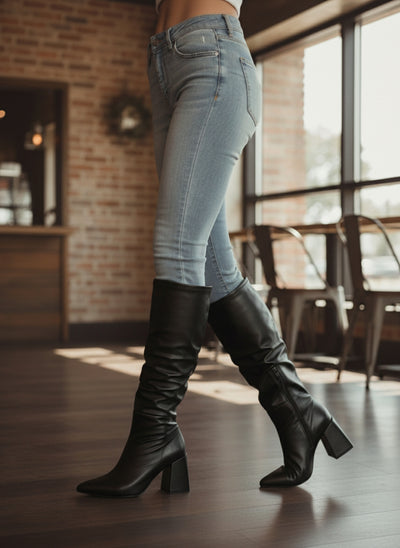 Bota Franzida Feminina de Napa Preto com Salto Alto