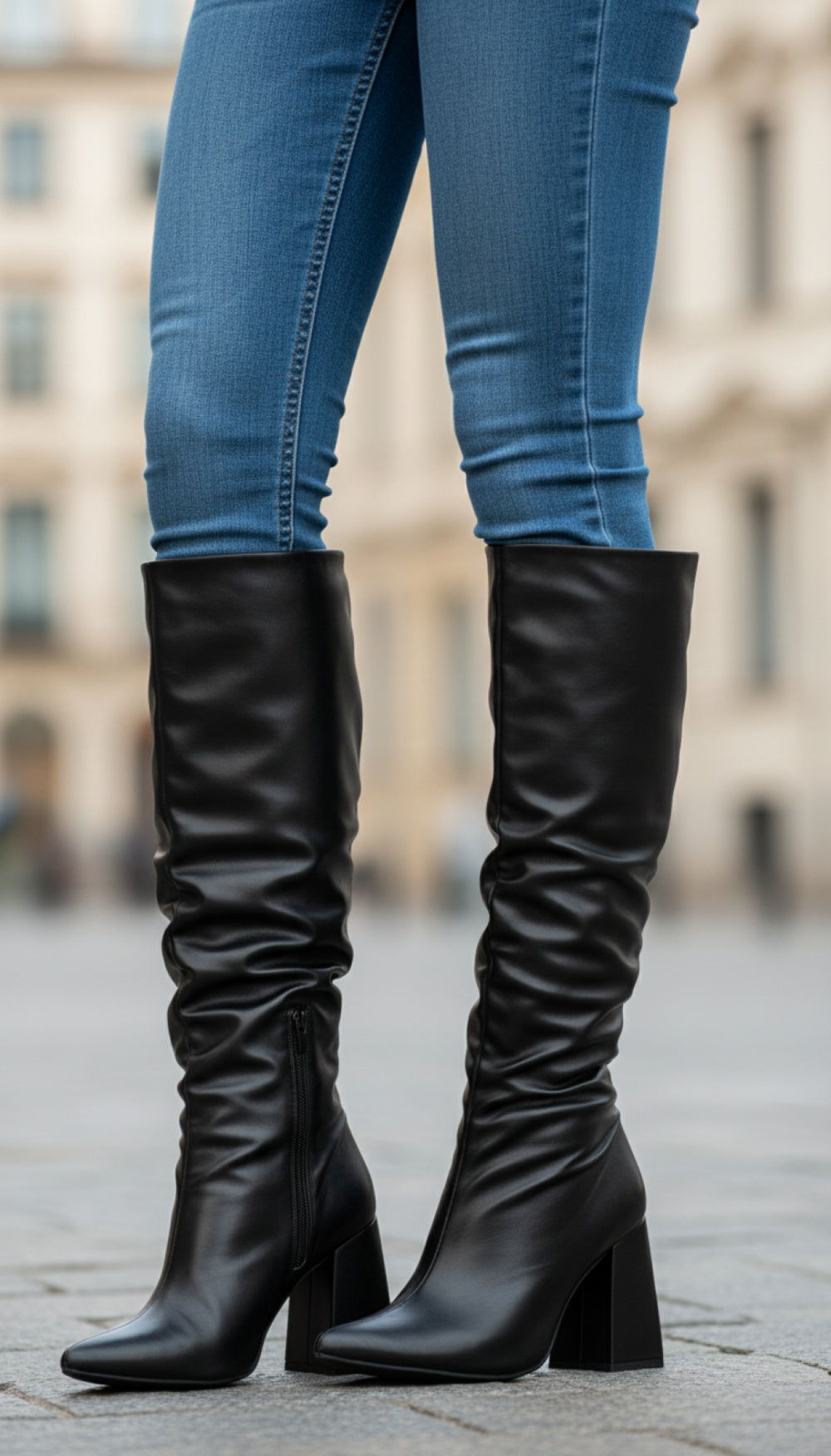 Bota Franzida Feminina de Napa Preto com Salto Alto