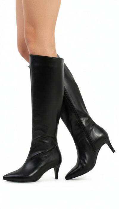Bota Social Cano Alto Longo em Napa Preto com Zíper