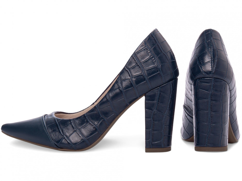 Sapato Scarpin Azul Marinho em Croco e Napa