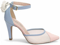 Sapato Scarpin Azul, Rosa e Branco com Fivela Dourada
