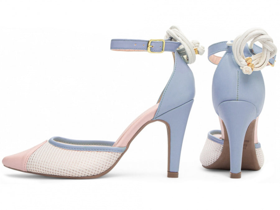 Sapato Scarpin Azul, Rosa e Branco com Fivela Dourada