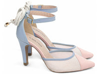 Sapato Scarpin Azul, Rosa e Branco com Fivela Dourada