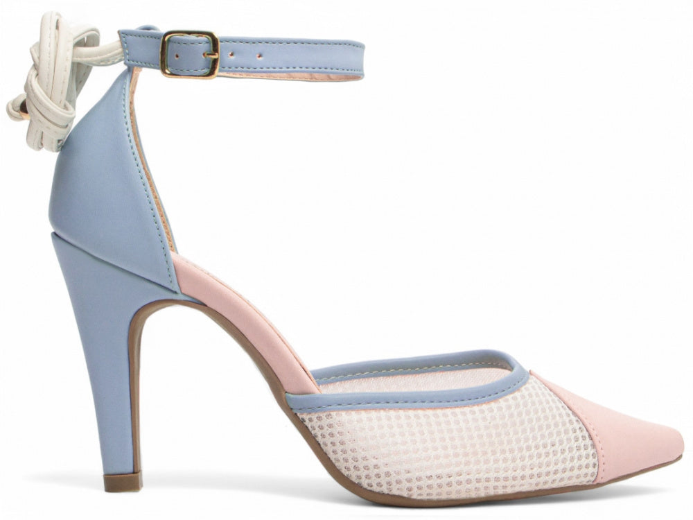 Sapato Scarpin Azul, Rosa e Branco com Fivela Dourada