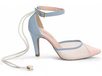 Sapato Scarpin Azul, Rosa e Branco com Fivela Dourada