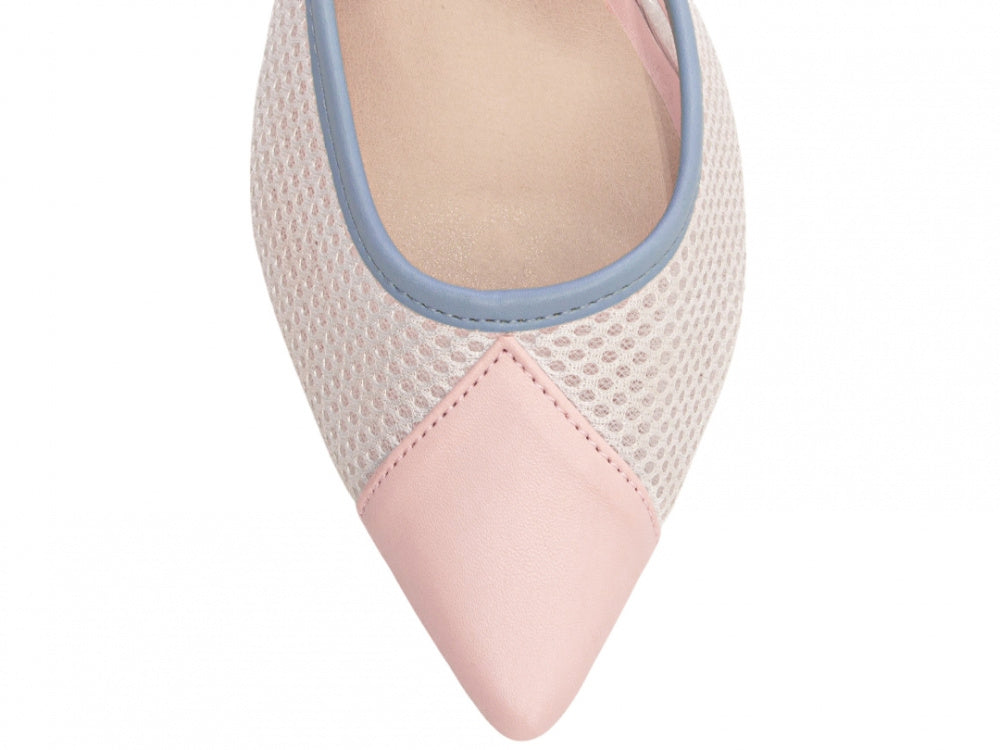 Sapato Scarpin Azul, Rosa e Branco com Fivela Dourada