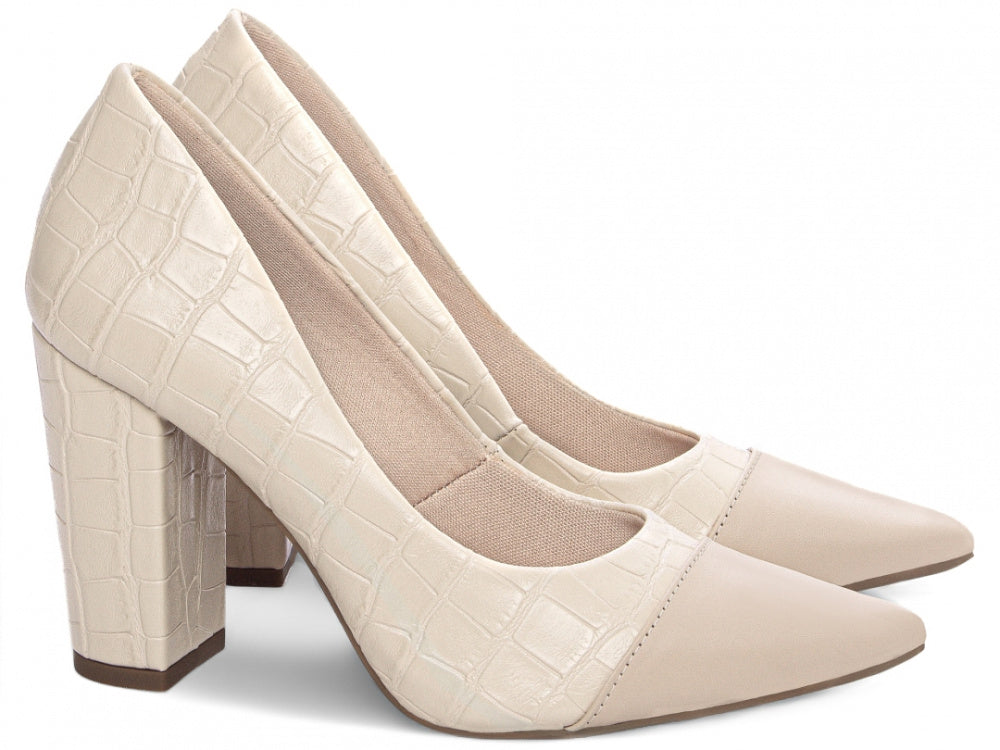 Sapato Scarpin Bege com Acabamento Croco