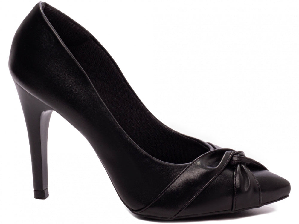 Sapato Scarpin Bico Fino Preto com Tiras em Nó