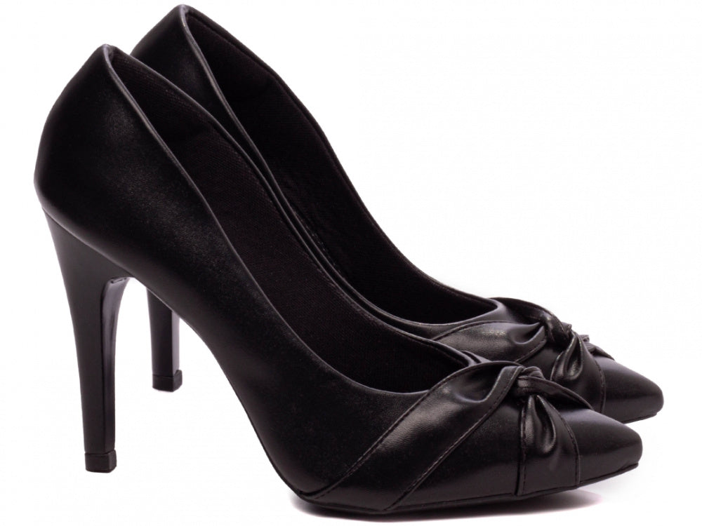 Sapato Scarpin Bico Fino Preto com Tiras em Nó