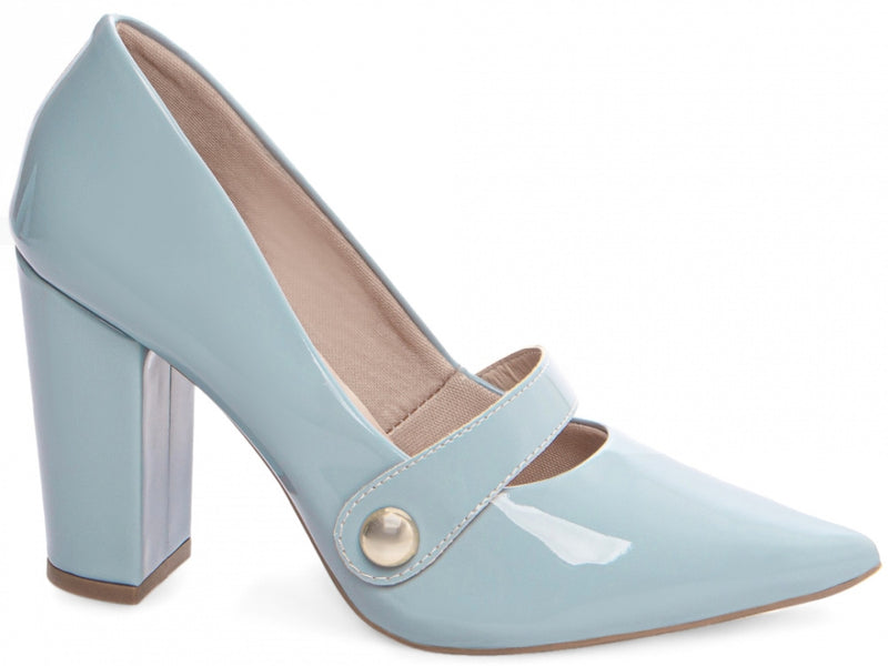 Sapato Scarpin Verniz Azul com Aplique Dourado