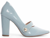 Sapato Scarpin Verniz Azul com Aplique Dourado