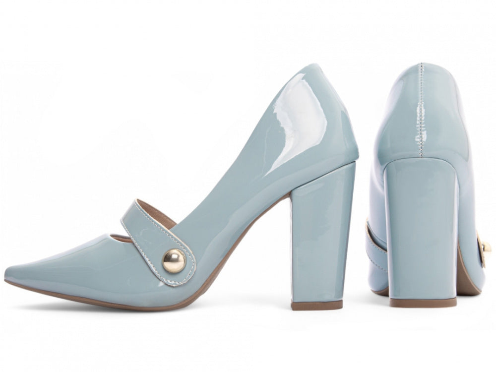Sapato Scarpin Verniz Azul com Aplique Dourado