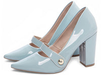 Sapato Scarpin Verniz Azul com Aplique Dourado