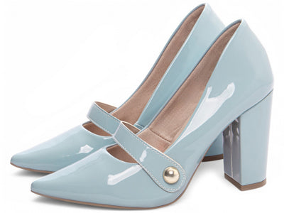 Sapato Scarpin Verniz Azul com Aplique Dourado