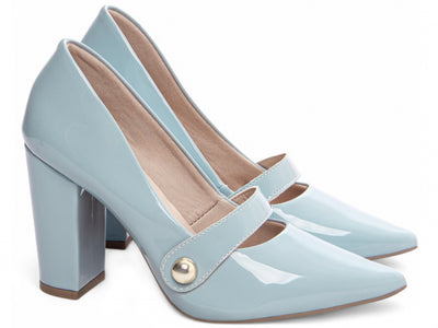 Sapato Scarpin Verniz Azul com Aplique Dourado
