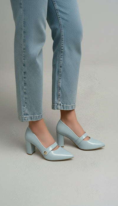 Sapato Scarpin Verniz Azul com Aplique Dourado