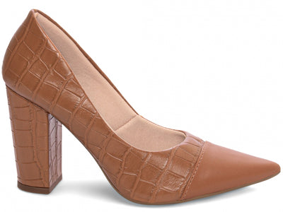 Sapato Scarpin Marrom e Caramelo com Acabamento Croco