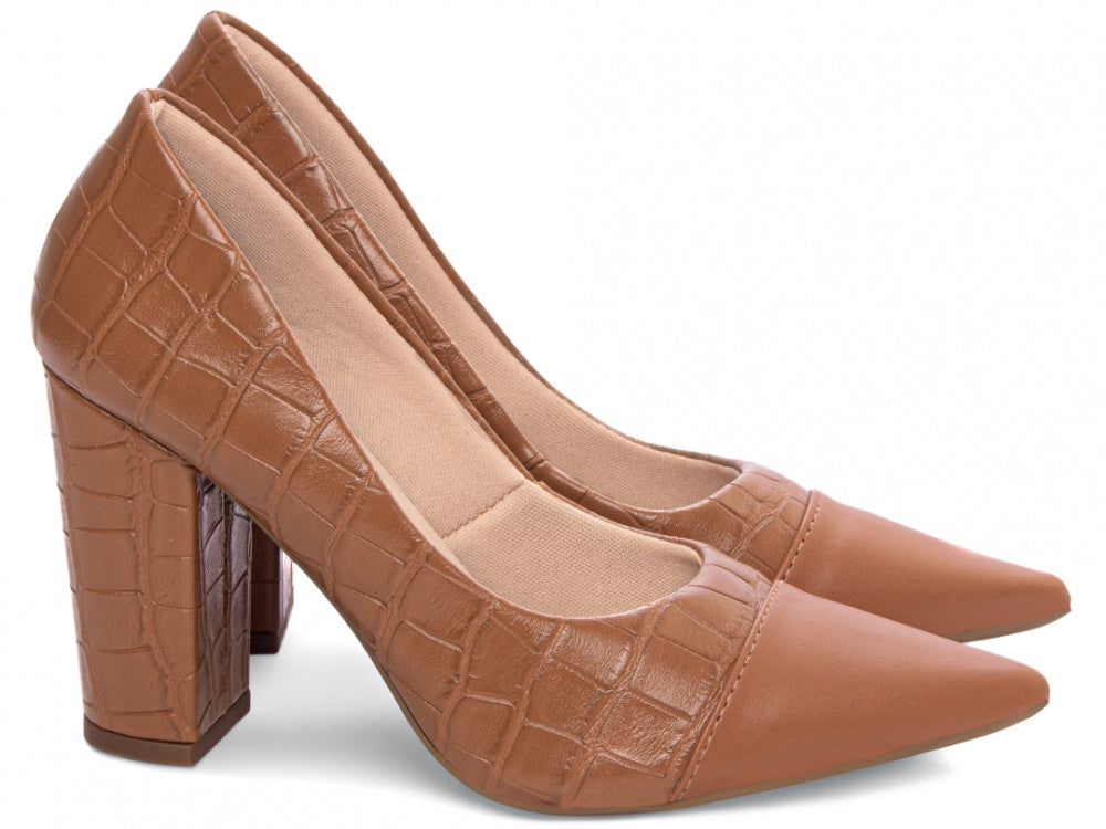 Sapato Scarpin Marrom e Caramelo com Acabamento Croco