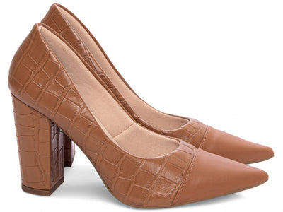 Sapato Scarpin Marrom e Caramelo com Acabamento Croco