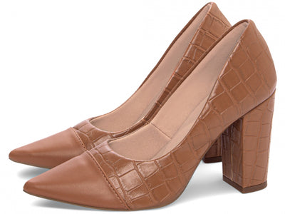 Sapato Scarpin Marrom e Caramelo com Acabamento Croco