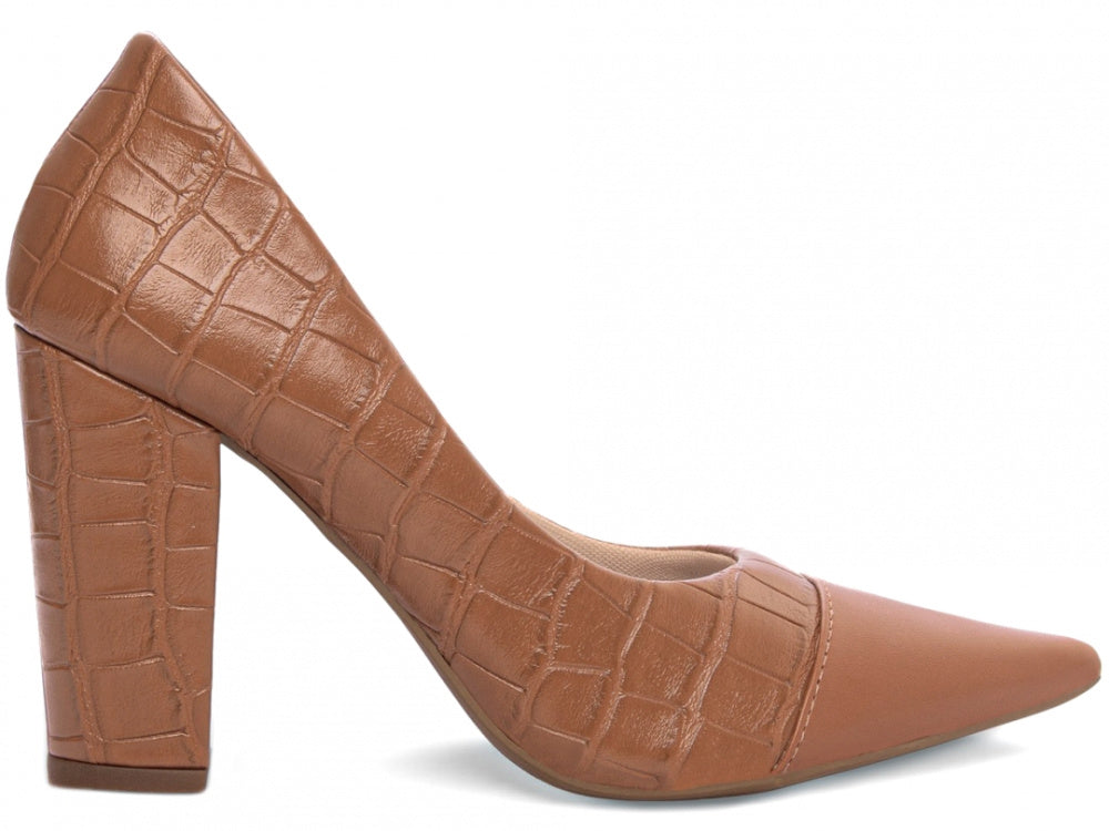 Sapato Scarpin Marrom e Caramelo com Acabamento Croco